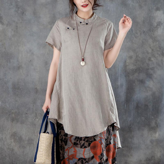 New Linen Tops Stand Collar Short Sleeve Irregular Khaki Tops