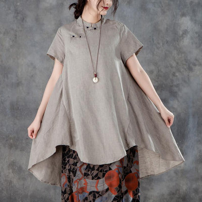 New Linen Tops Stand Collar Short Sleeve Irregular Khaki Tops
