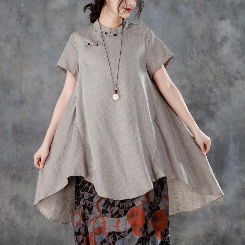 New Linen Tops Stand Collar Short Sleeve Irregular Khaki Tops