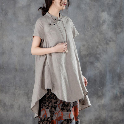 New Linen Tops Stand Collar Short Sleeve Irregular Khaki Tops