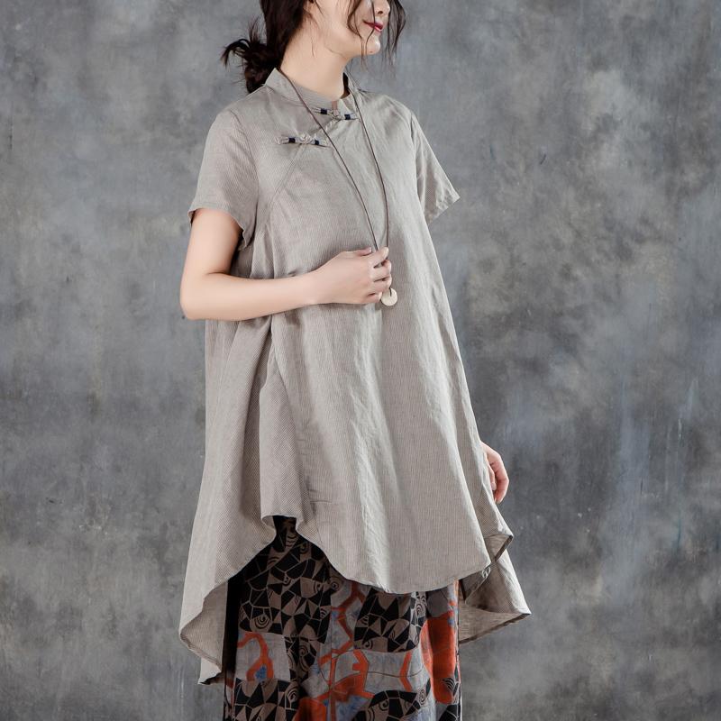 New Linen Tops Stand Collar Short Sleeve Irregular Khaki Tops