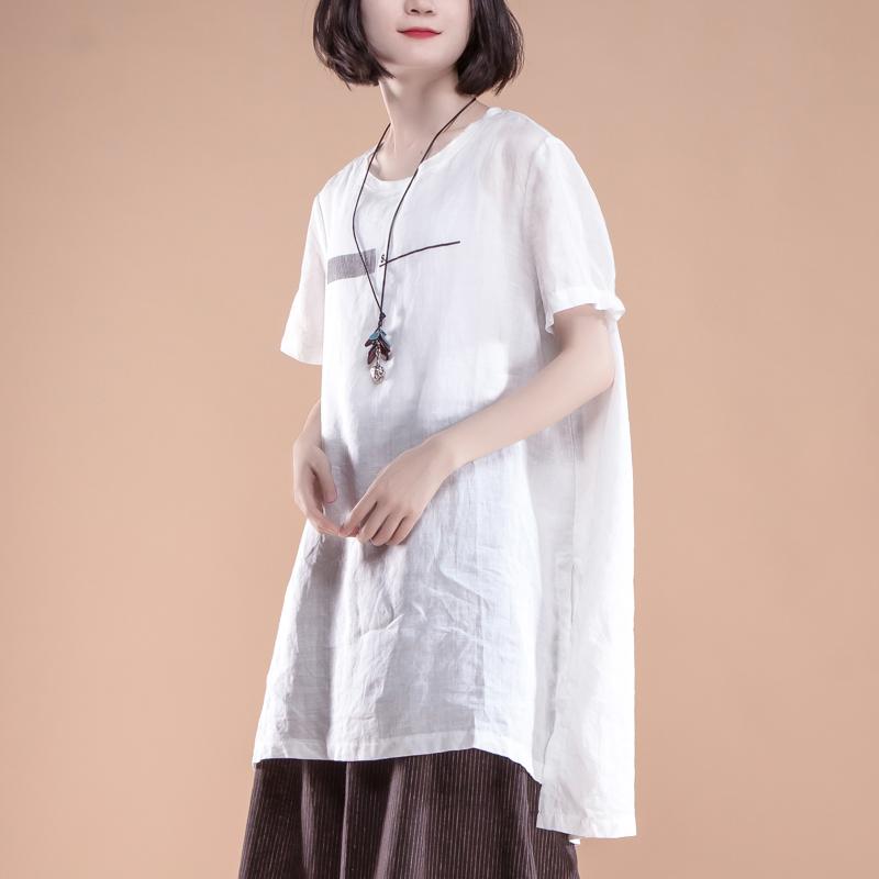 New Linen Tops Clothing Short Sleeve Slit Summer White Tops