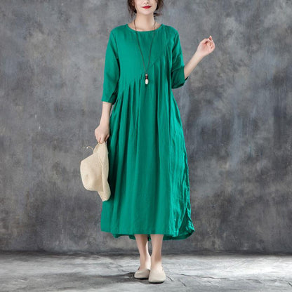 New Long Linen Dress Loose Fitting Linen Round Neck Three Quarter Sleeve Green Pleated Dress