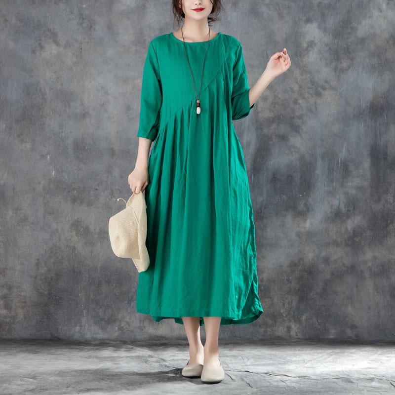 New Long Linen Dress Loose Fitting Linen Round Neck Three Quarter Sleeve Green Pleated Dress