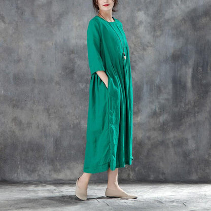 New Long Linen Dress Loose Fitting Linen Round Neck Three Quarter Sleeve Green Pleated Dress
