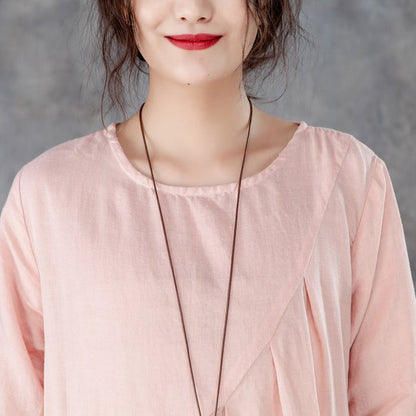 New Long Linen Dress Loose Fitting Linen Round Neck Three Quarter Sleeve Green Pleated Dress