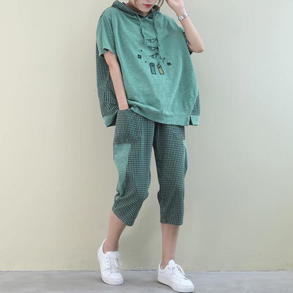 New Loose Large Size Embroidery Light Green Plaid Stitching Two Pieces
