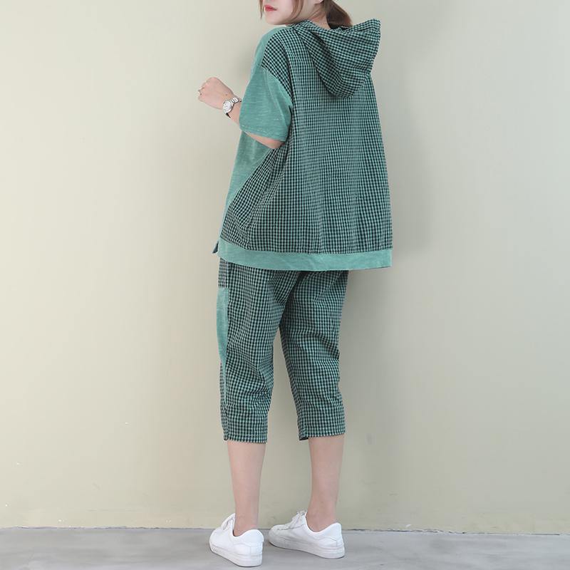 New Loose Large Size Embroidery Light Green Plaid Stitching Two Pieces