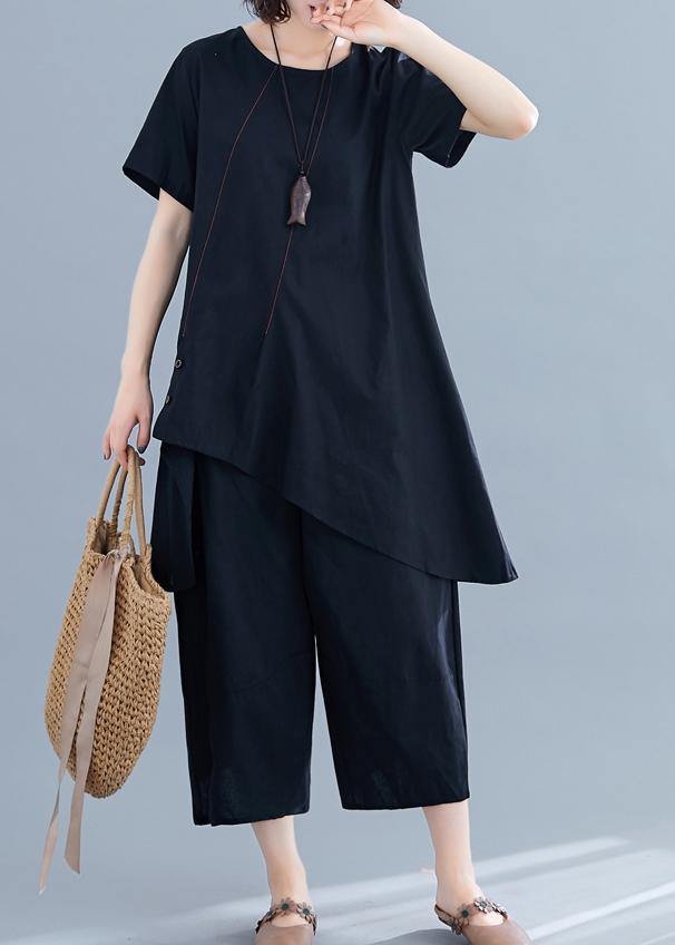 New Loose Black Cotton and Linen Irregular Shirt + Pants Suit