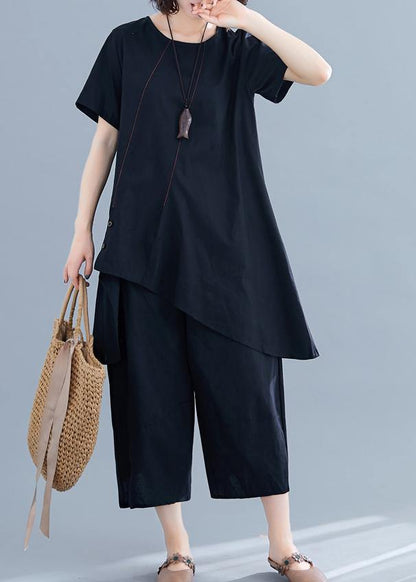 New Loose Black Cotton and Linen Irregular Shirt + Pants Suit