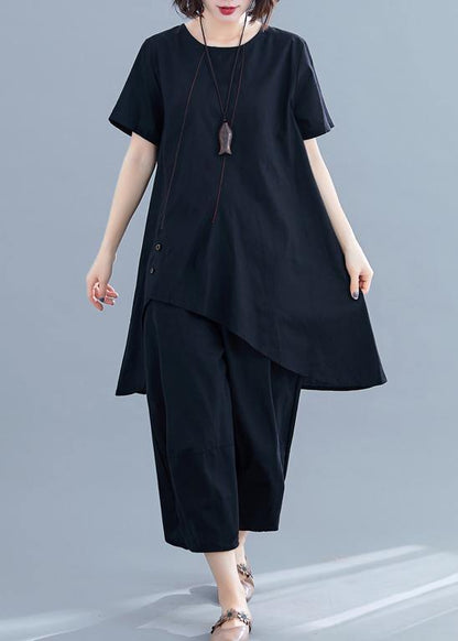 New Loose Black Cotton and Linen Irregular Shirt + Pants Suit