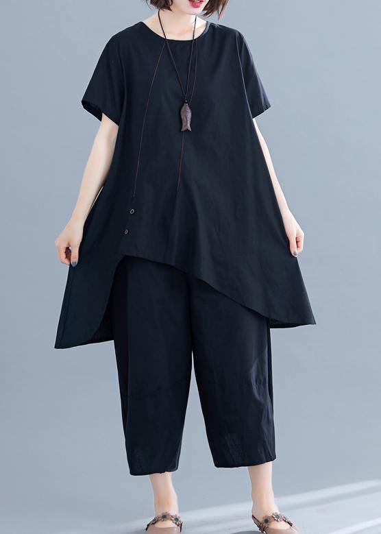 New Loose Black Cotton and Linen Irregular Shirt + Pants Suit