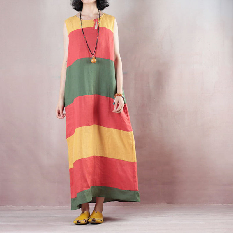 New Multicolor Striped Linen Maxi Dress O Neck Linen Maxi Dress Fine Sleeveless Baggy Dresses