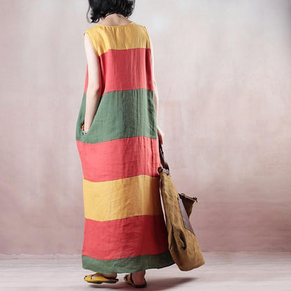 New Multicolor Striped Linen Maxi Dress O Neck Linen Maxi Dress Fine Sleeveless Baggy Dresses
