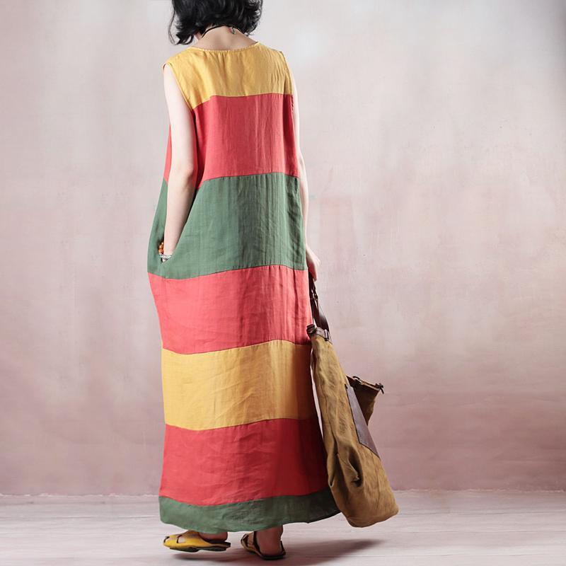 New Multicolor Striped Linen Maxi Dress O Neck Linen Maxi Dress Fine Sleeveless Baggy Dresses