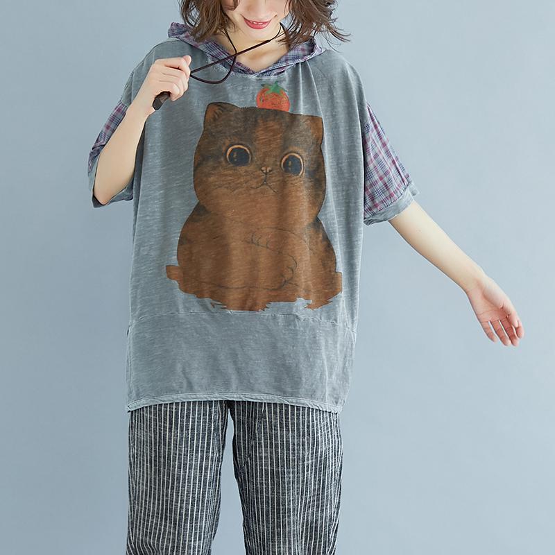 New Natural Linen T Shirt Oversized Plaid Summer Short Sleeve High-low Hem Gray Hooded Blouse