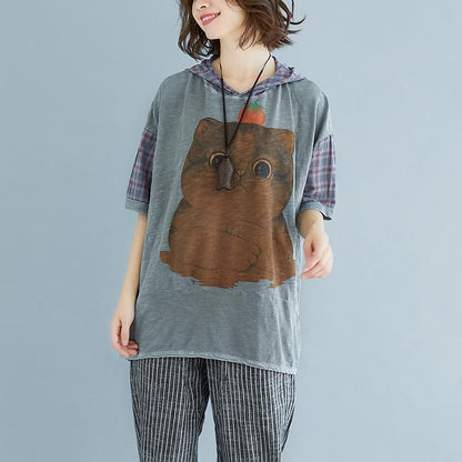 New Natural Linen T Shirt Oversized Plaid Summer Short Sleeve High-low Hem Gray Hooded Blouse