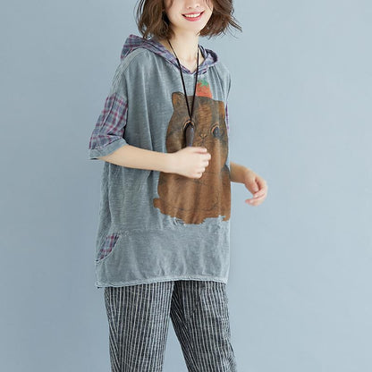New Natural Linen T Shirt Oversized Plaid Summer Short Sleeve High-low Hem Gray Hooded Blouse
