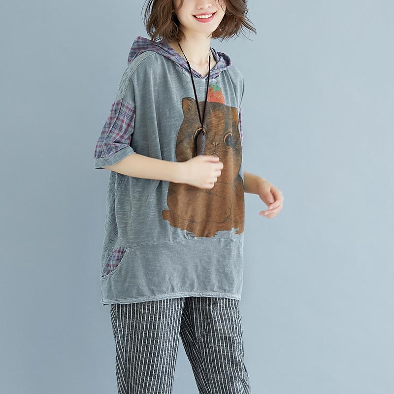 New Natural Linen T Shirt Oversized Plaid Summer Short Sleeve High-low Hem Gray Hooded Blouse