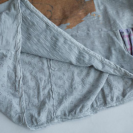 New Natural Linen T Shirt Oversized Plaid Summer Short Sleeve High-low Hem Gray Hooded Blouse