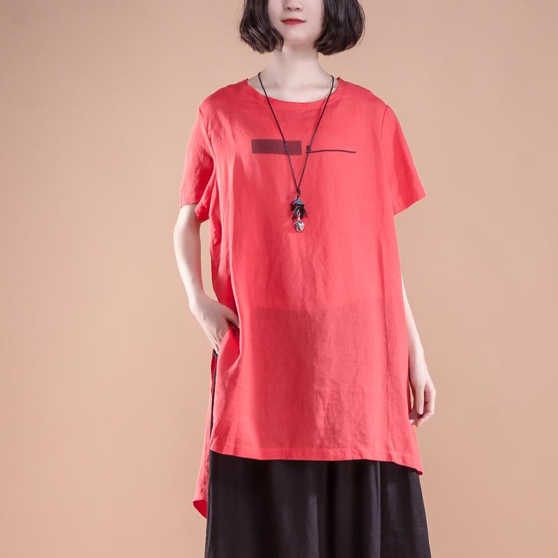 New Natural Linen T Shirt Short Sleeve Slit Summer Red Tops