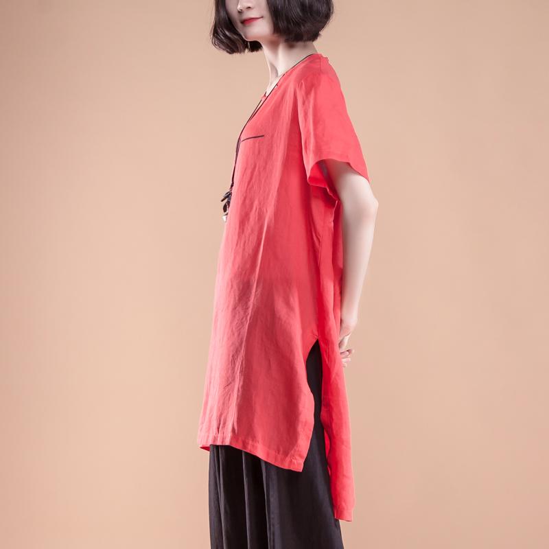 New Natural Linen T Shirt Short Sleeve Slit Summer Red Tops