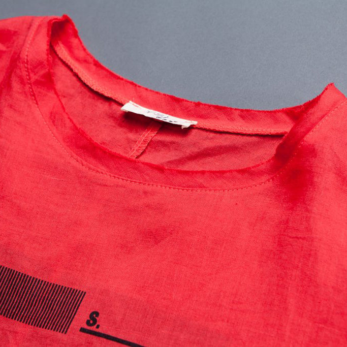 New Natural Linen T Shirt Short Sleeve Slit Summer Red Tops