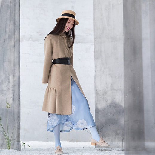 New Nude Woolen Outwear Oversized Mid-length Coats Patchwork Coats Stand Collar