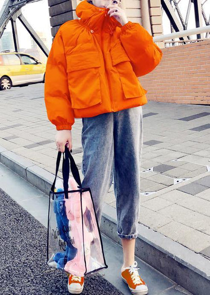 New Orange Duck Down Coat Clothing Parka Stand Collar Large Pockets Fine Coats