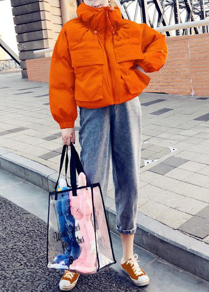 New Orange Duck Down Coat Clothing Parka Stand Collar Large Pockets Fine Coats