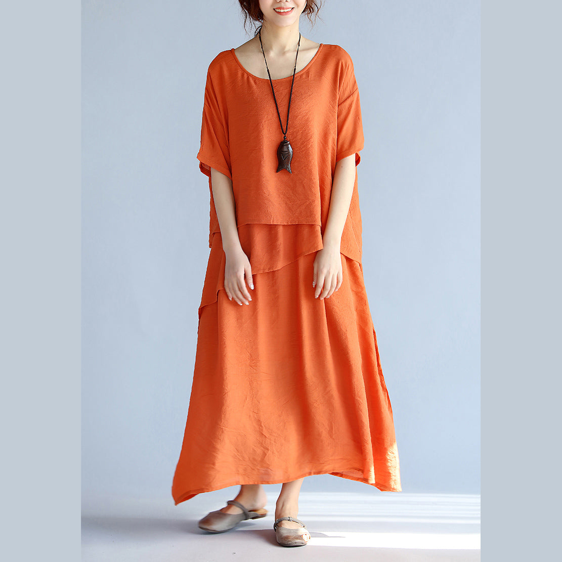 New Orange Long Linen Dresses Clothing Layered Cotton Dresses New Short Sleeve Linen Cotton Dress