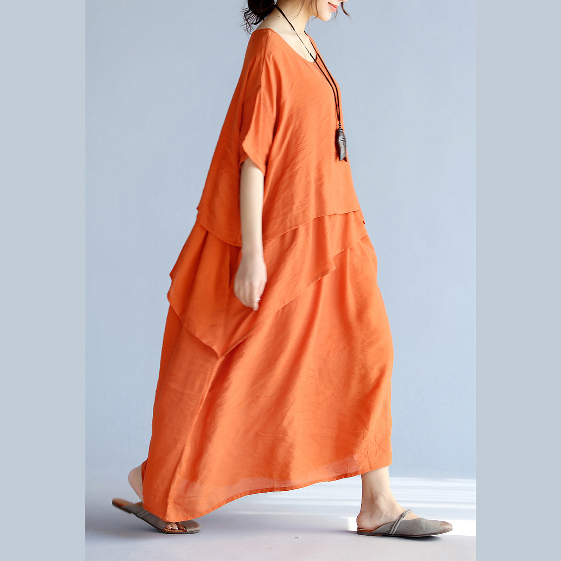 New Orange Long Linen Dresses Clothing Layered Cotton Dresses New Short Sleeve Linen Cotton Dress