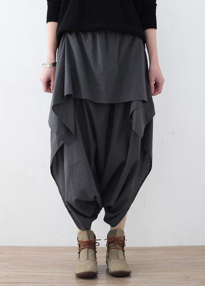 New Original Design Gray Literary Irregular Asymmetric Wide-legged Cropped Trousers