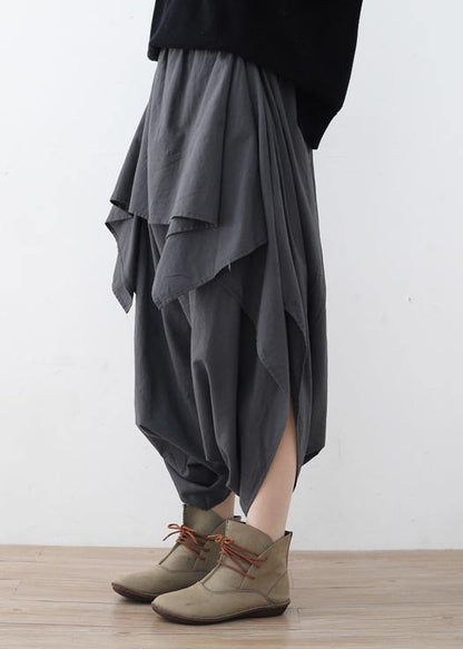 New Original Design Gray Literary Irregular Asymmetric Wide-legged Cropped Trousers