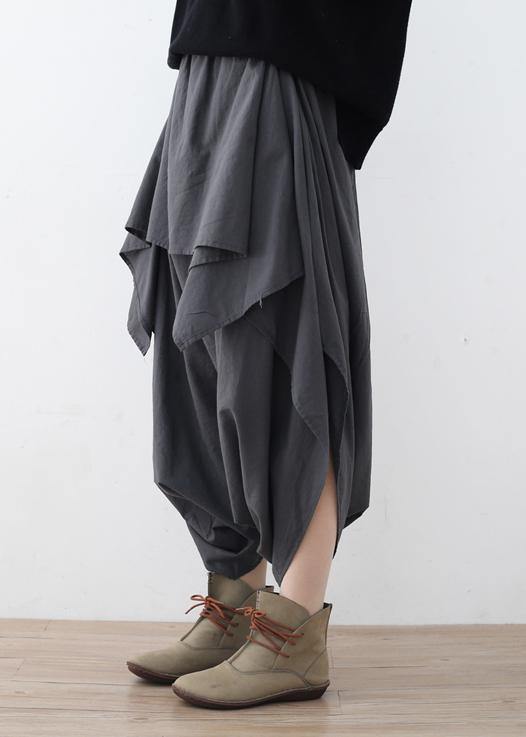 New Original Design Gray Literary Irregular Asymmetric Wide-legged Cropped Trousers