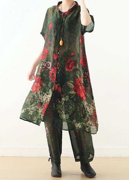 New Original Silk Printed Large Size Long Coat Loose Wide Leg Pants Green Two-piece