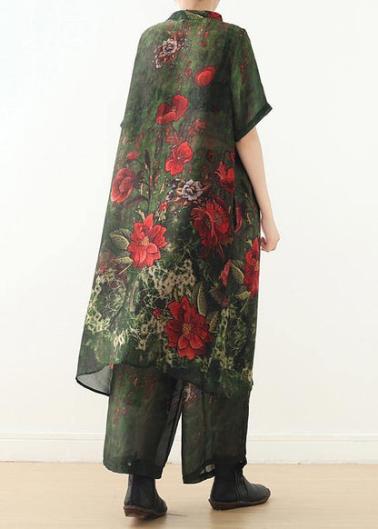 New Original Silk Printed Large Size Long Coat Loose Wide Leg Pants Green Two-piece