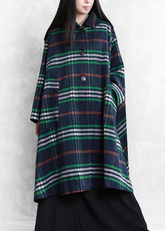 New Oversized Winter Coat Fall Coat Blue Plaid Peter Pan Collar Woolen Overcoat