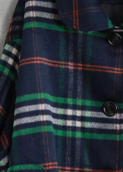 New Oversized Winter Coat Fall Coat Blue Plaid Peter Pan Collar Woolen Overcoat