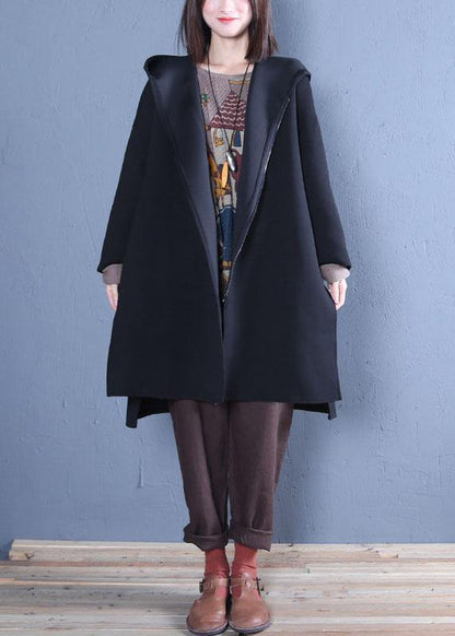 New Oversized Medium Length Coat Fall Black Hooded Coats