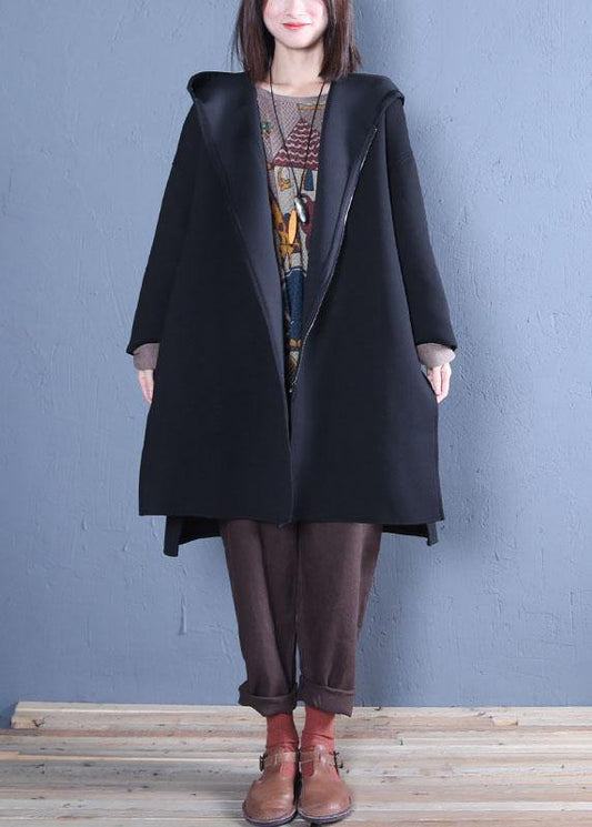 New Oversized Medium Length Coat Fall Black Hooded Coats