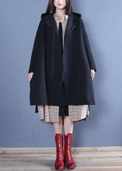 New Oversized Medium Length Coat Fall Black Hooded Coats