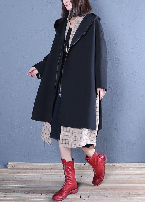 New Oversized Medium Length Coat Fall Black Hooded Coats