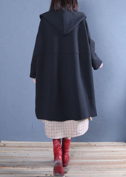 New Oversized Medium Length Coat Fall Black Hooded Coats