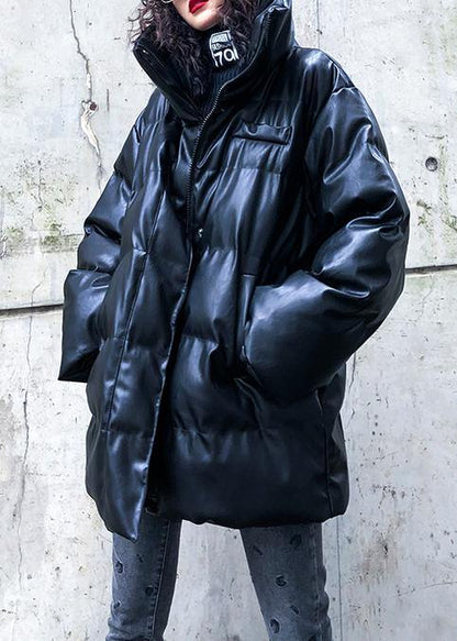 New Oversized Warm Winter Coat Black High Neck Button Parka