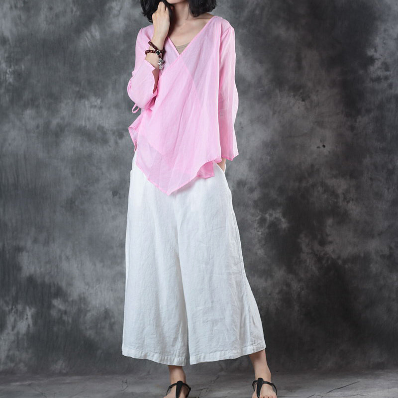 New Pink Natural Linen T Shirt Oversize Linen Maxi T Shirts Fine Half Sleeve V Neck Tie Waist Tops