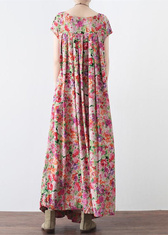 New Pink Prints Linen Caftans Big Hem Linen Maxi Dress Short Sleeve Maxi Dresses