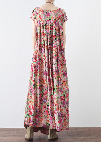 New Pink Prints Linen Caftans Big Hem Linen Maxi Dress Short Sleeve Maxi Dresses