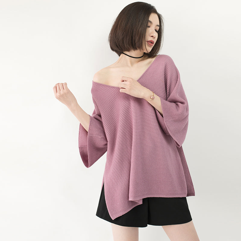 New Pink Sweater Loose Fitting V Neck Knit Sweat Tops Batwing Sleeve Top