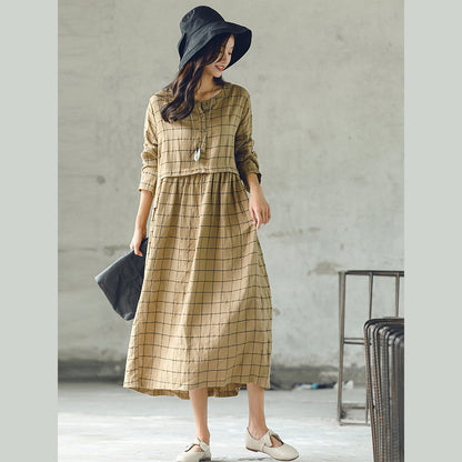 New Plaid Fall Dress O Neck Baggy Caftans Large Hem Linen Dresses